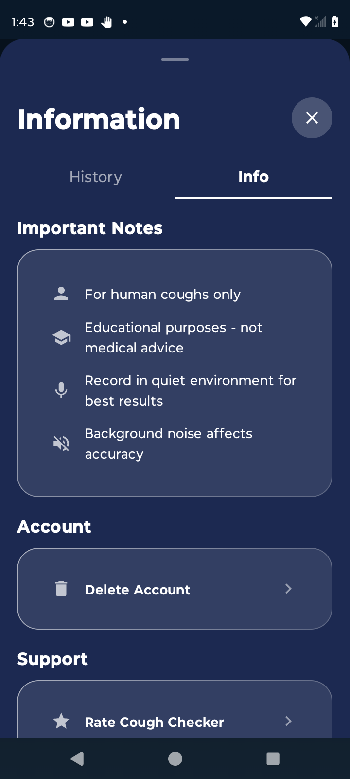 Delete Account button in Cough Checker app
